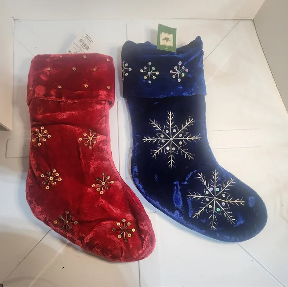 Velvet Red and Blue Christmas Stocking - Picture 1 of 5